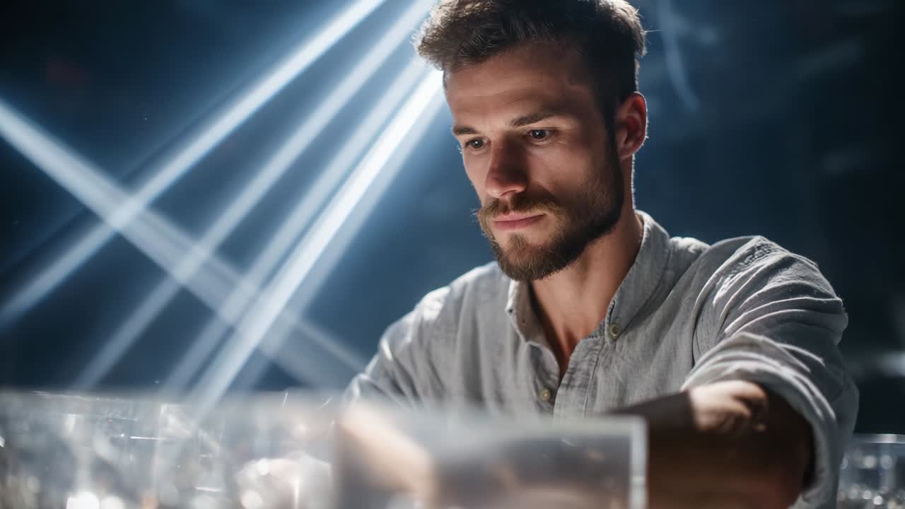 A focused individual engaged in a creative endeavor, seated in a dynamic environment illuminated by striking beams of light, showcasing concentration and skill in a moment of inspiration and artistry