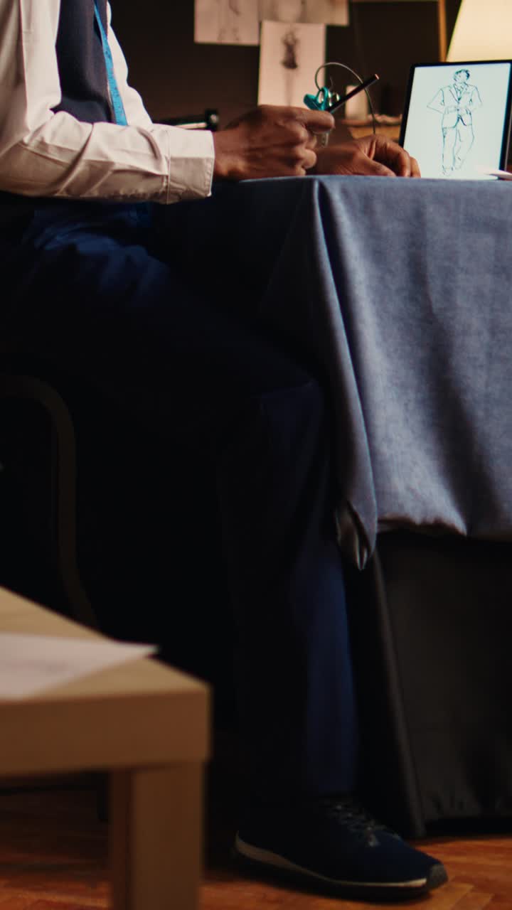 Vídeo vertical do Alfaiate criando esboços de roupas