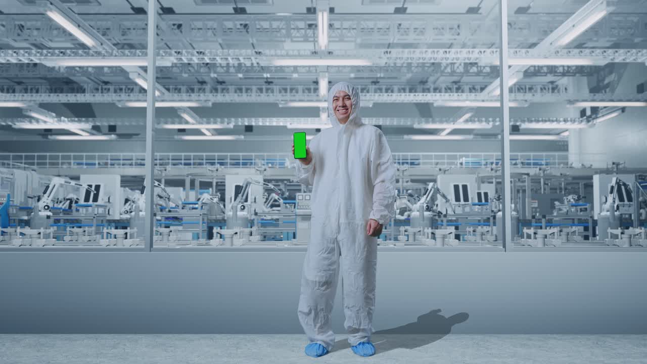 自動化されたロボットで現代の実験室の工場に立っている間笑顔で緑の画面のスマートフォンを表示するアジアの男性科学者の体が満たされています