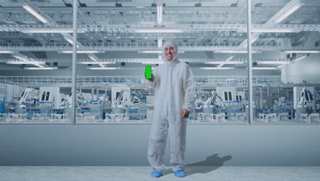 full body of asian male scientist smiling and showing green screen smartphone while standing in modern lab factory with automated robots