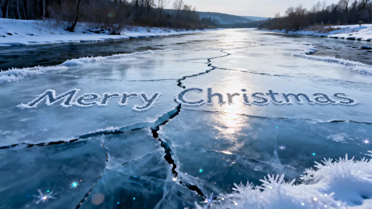 Panning camera revealing frozen river with frosty "Merry Christmas" on ice, jagged crack, sun