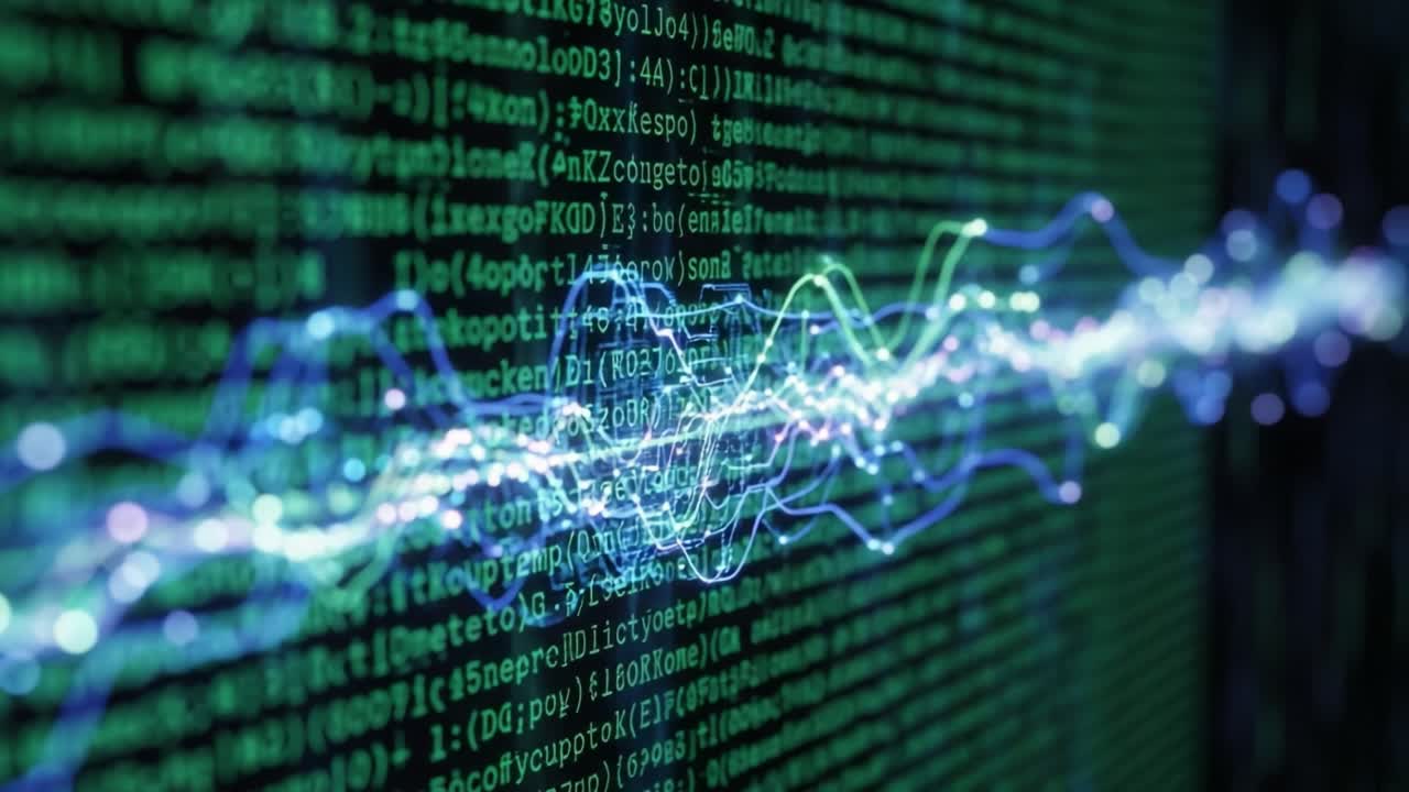 A Dynamic Visualization of Flowing Data Waves Against a Digital Matrix, Highlighting the Interplay of Light and Code in a Modern Technological Landscape