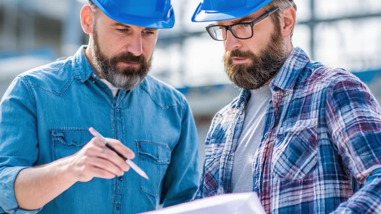 In-depth Review of Construction Plans by Two Professionals in Hard Hats on a Building Site, Ensuring Safety and Precision in Their Collaborative Effort