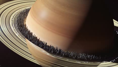 planeta saturno en el espacio exterior. ciudad ubicada a lo largo de los anillos de saturno, el concepto de la colonización de saturno. animación 3d