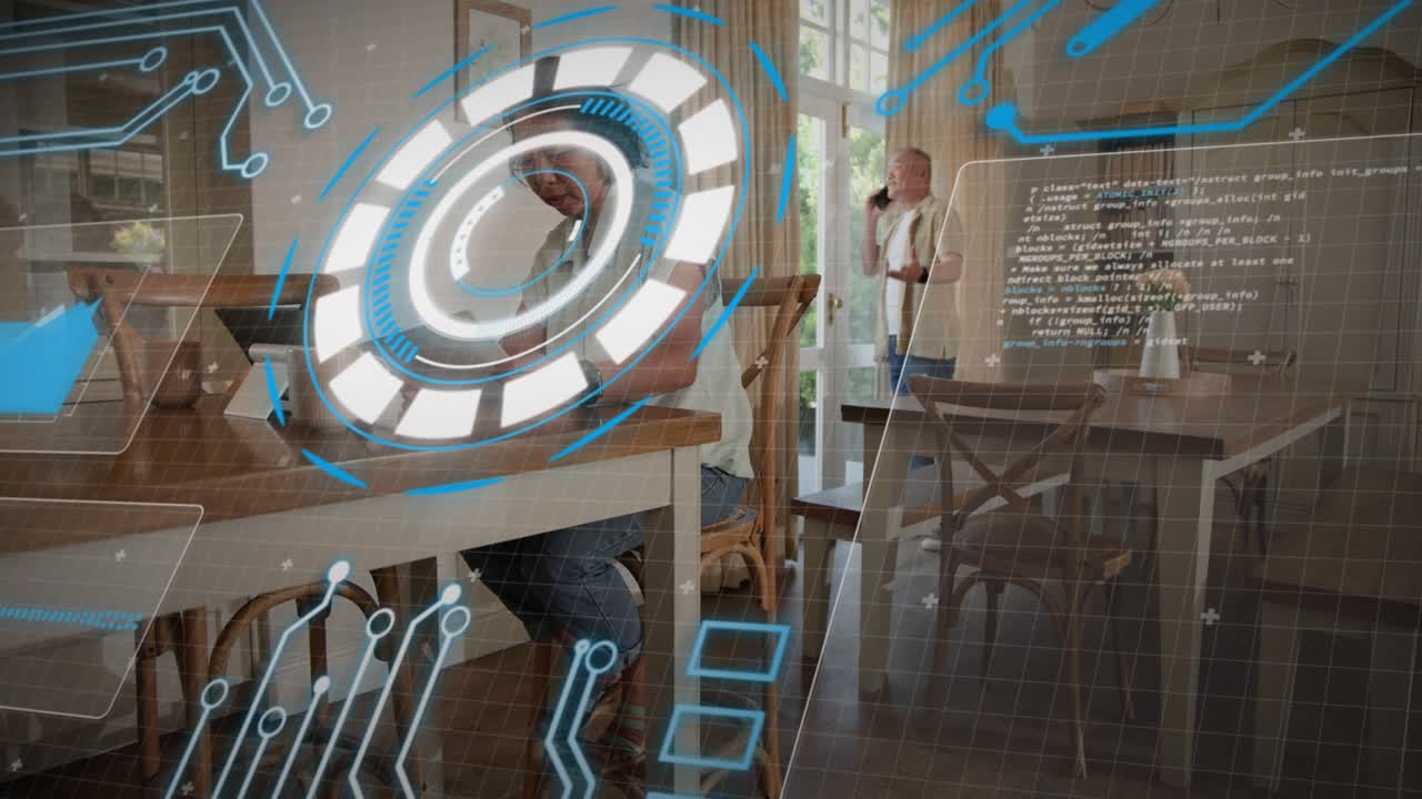 Adult man working, writing, tapping tablet, causing tech code overlay; woman arriving, calling cell