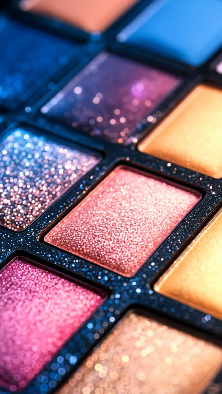 Gorgeous eyeshadow palette design. A close-up view of a glittery eyeshadow palette featuring vibrant colors and textures.