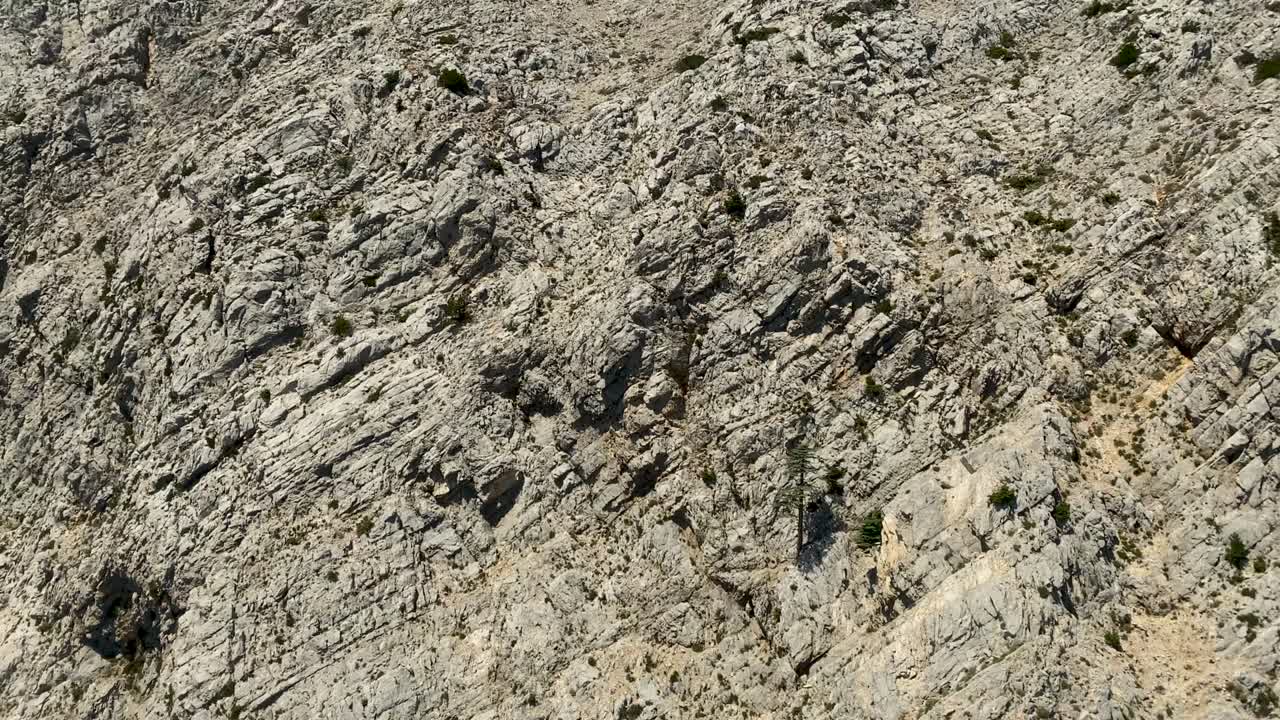 vista superior de hermosas montañas arenosas rocosas naturales con árboles verdes raros que crecen en las rocas. video de alta calidad 4k
