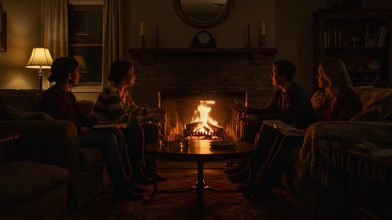 A Cozy Evening Gathering by the Fireplace: Friends Sharing Stories and Setting a Warm Atmosphere in a Comforting Living Room Setting