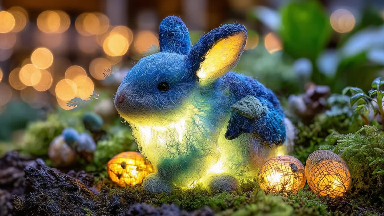 Eine bezaubernde blaue Hasenfigur, sanft beleuchtet, inmitten bunter Eier und üppigem Grün, die eine magische Atmosphäre in einer ruhigen Naturkulisse schafft.