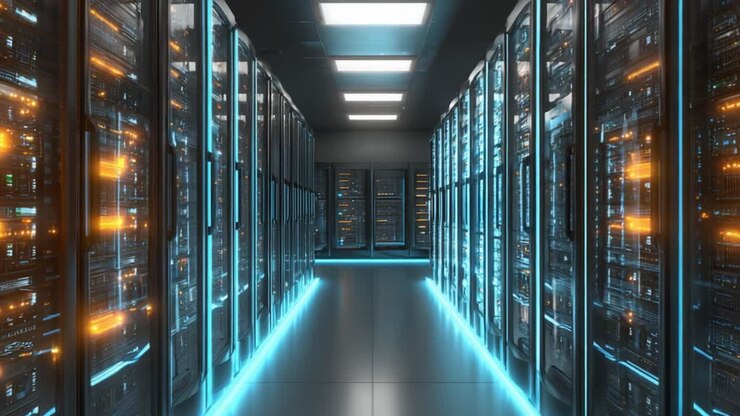 Exploring a Modern Data Center: A Seamless Passage Through High-Tech Server Racks Illuminated by Blue Lighting, Showcasing the Future of IT Infrastructure and Connectivity