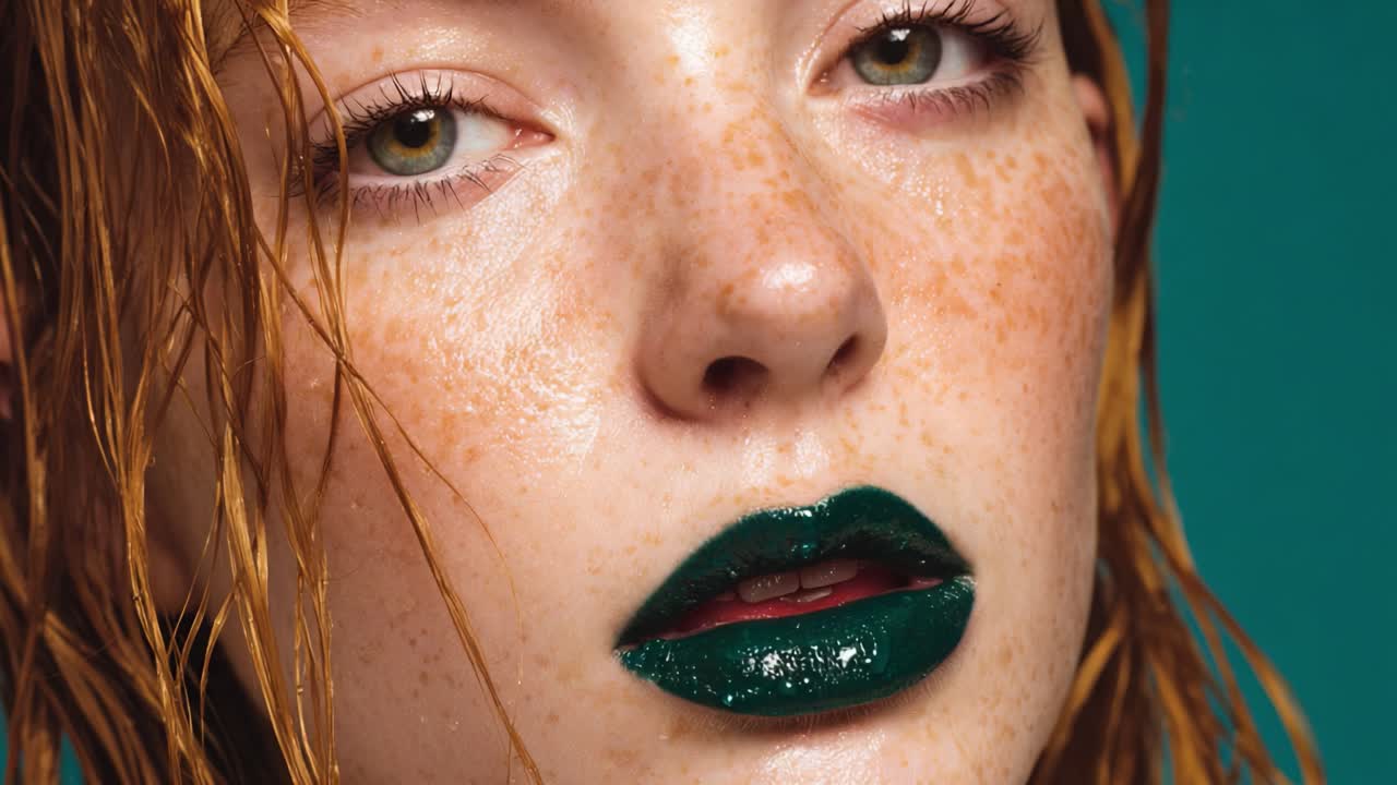Stunning close up of a young woman with freckles and wet red hair looking directly at the camera, her face adorned with a glossy dark green lipstick creating a bold and artistic fashion statement