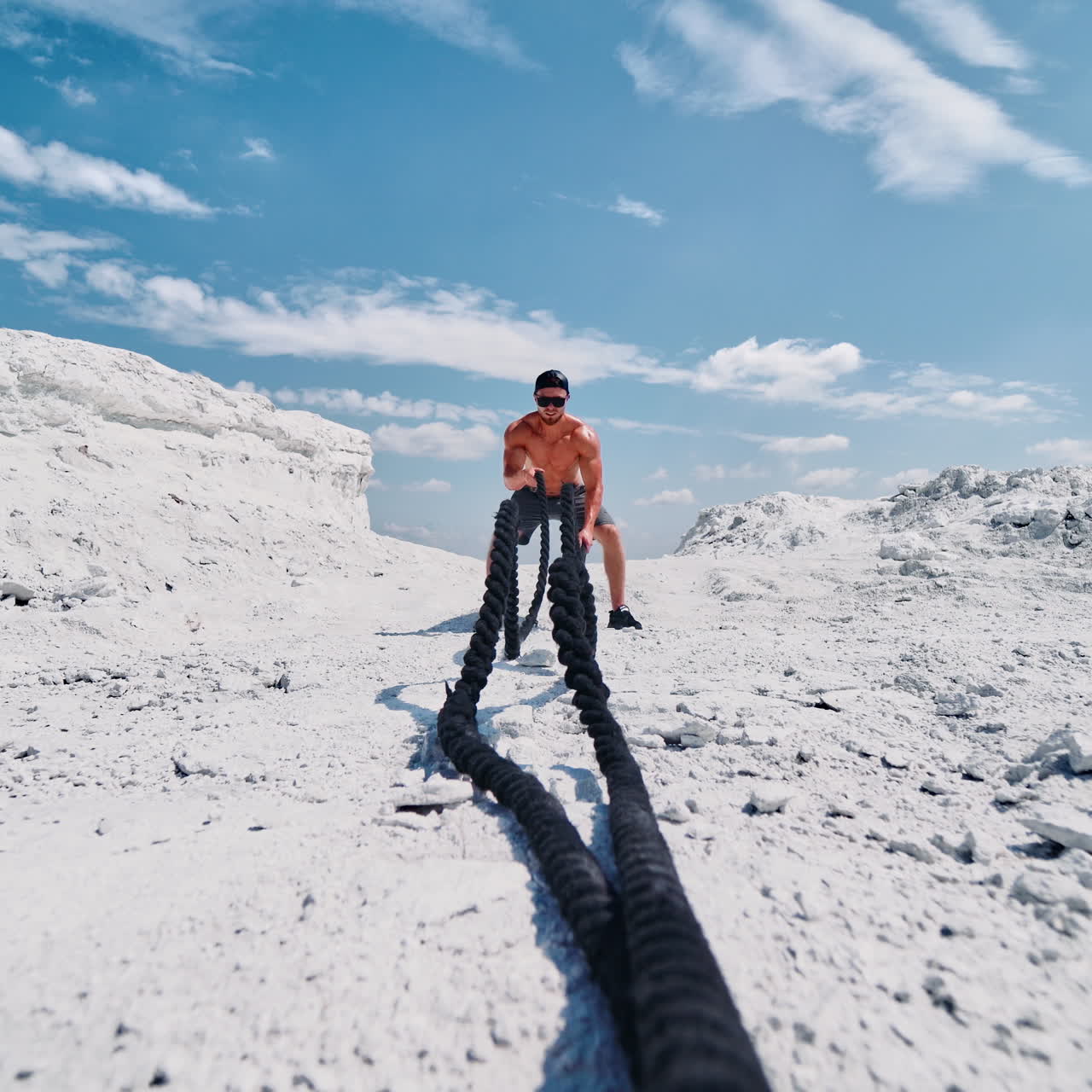 Bodybuilder trains his muscles with cable on the hill under blue sky. Shirtless sportsman wearing cap and sunglasses doing workout with battle ropes in sunny summer day outdoors.
