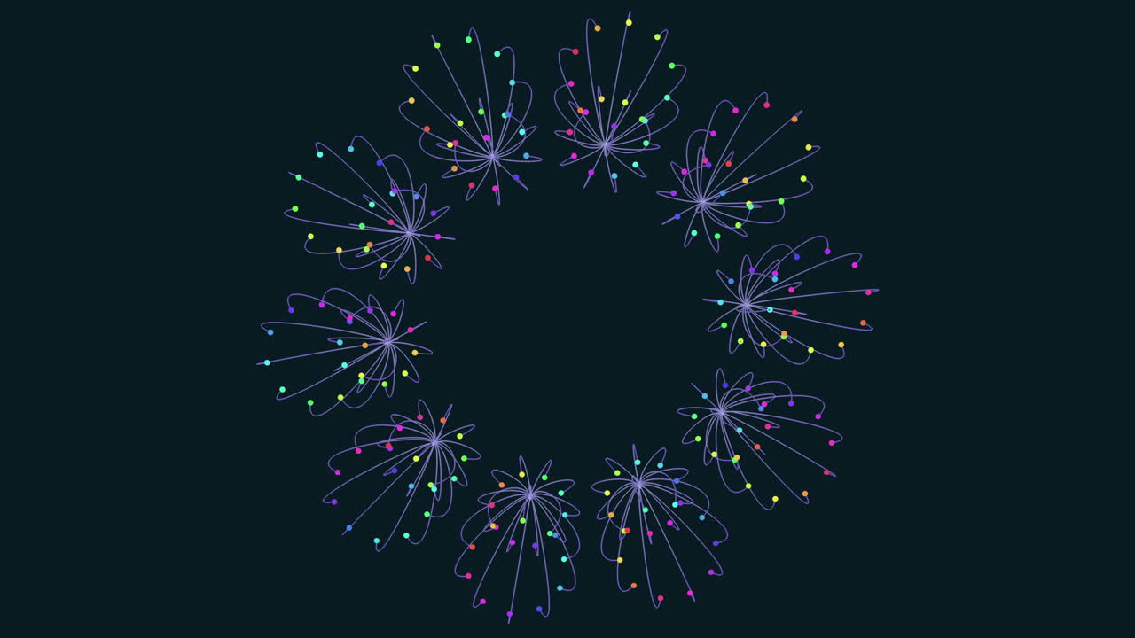 Dynamic spiral of moving dots on black background