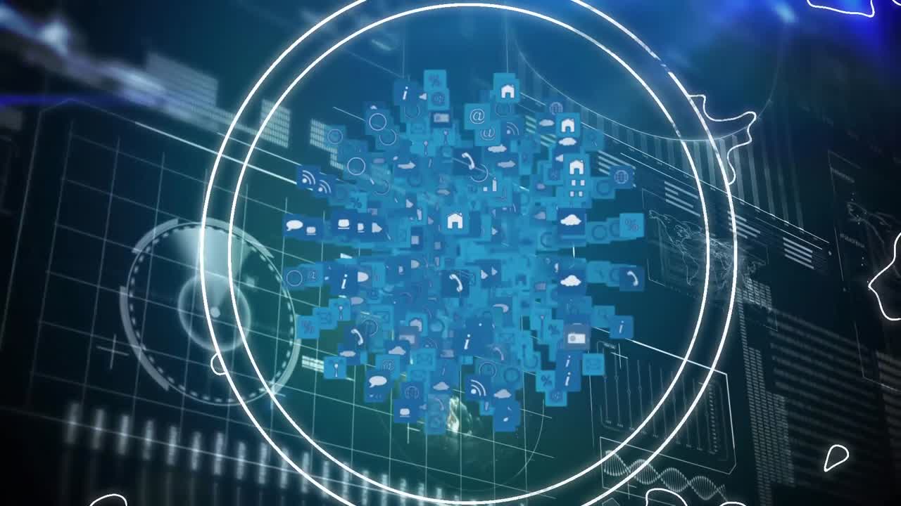 Digital animation of globe of digital icons spinning against computer interface with data processing