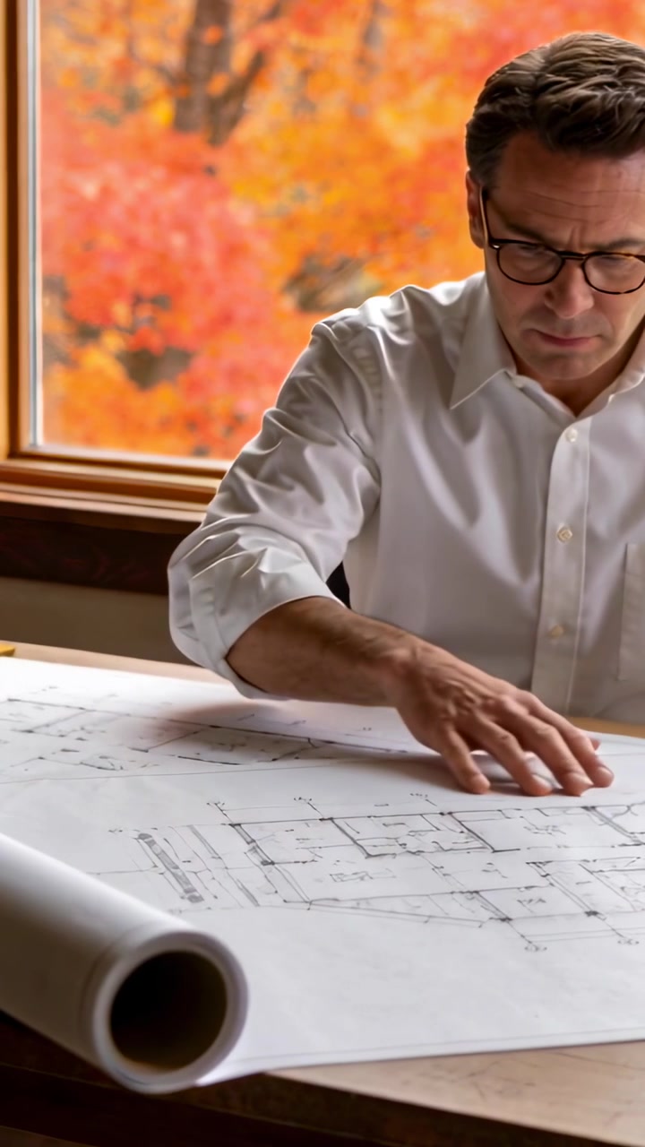 Video verticale: Architetto in camicia bianca che si china, liscia i progetti a casa vicino a una finestra e controlla il piano.