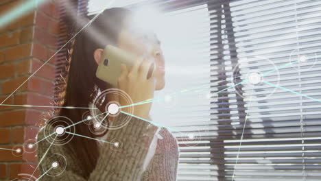 talking on smartphone, woman with network connections animation in office background