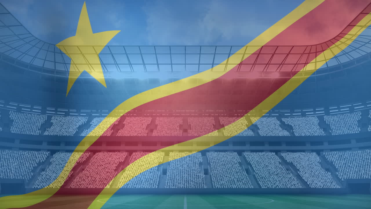Animazione di bandiera sventolante della Repubblica Democratica del Congo su stadio sportivo