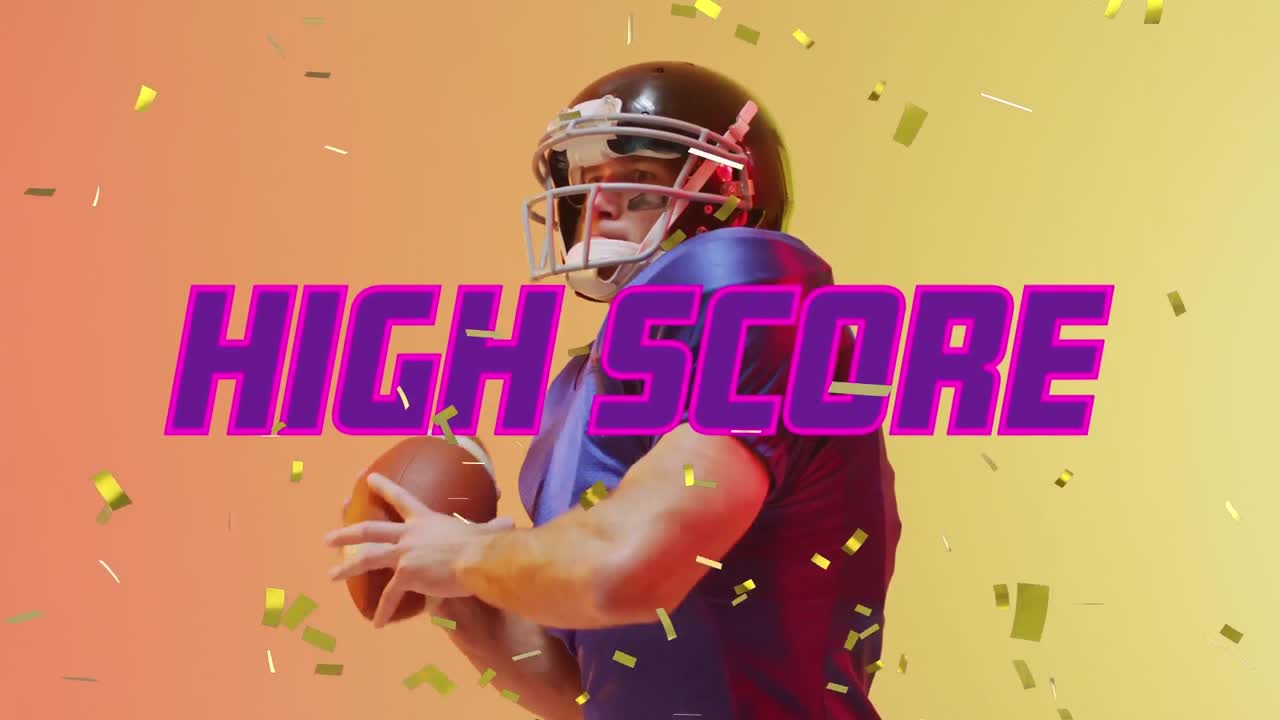 Animazione del testo 'punteggio più alto' e coriandoli su giocatore di football americano su sfondo neon