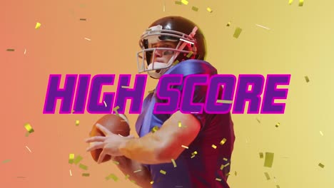 animation of high score text and confetti over american football player on neon background