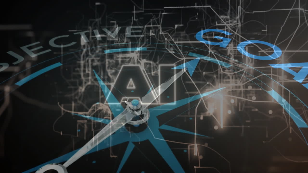 Compass with arrow pointing at AI, objective text over digital network animation
