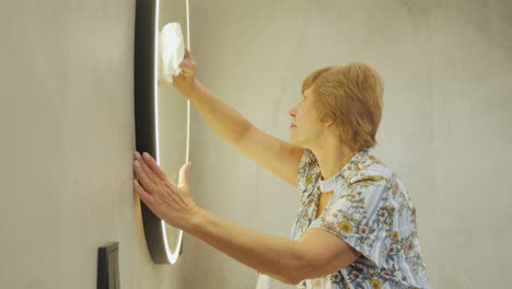 woman cleaning a wall-mounted mirror