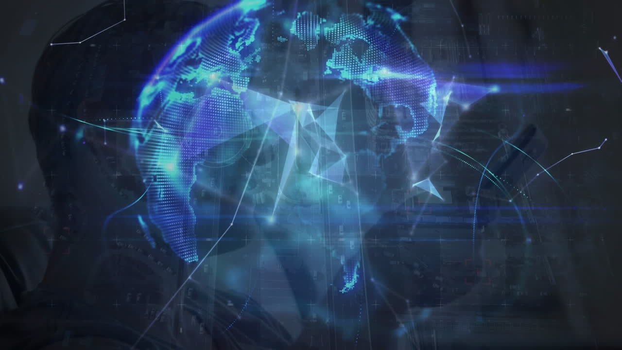 Animation of plexus networks forming a globe against aerial view of city traffic