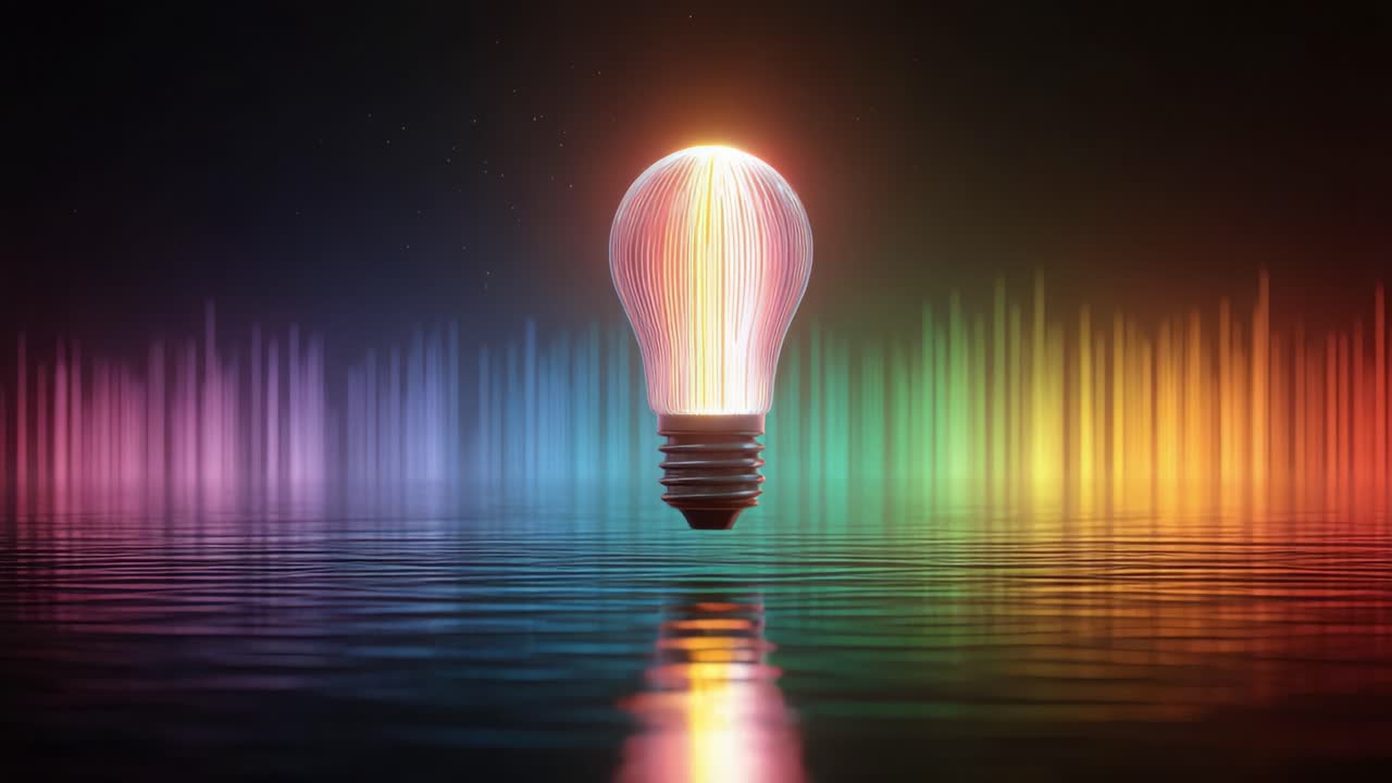 Glowing light bulb floating over rippling water, with vibrant, abstract sound waves in the background, symbolizing creativity, innovation, and bright ideas in a futuristic, energetic display