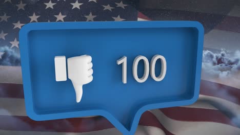 Animation-of-unlike-icon-with-numbers-on-speech-bubble-with-flag-of-usa