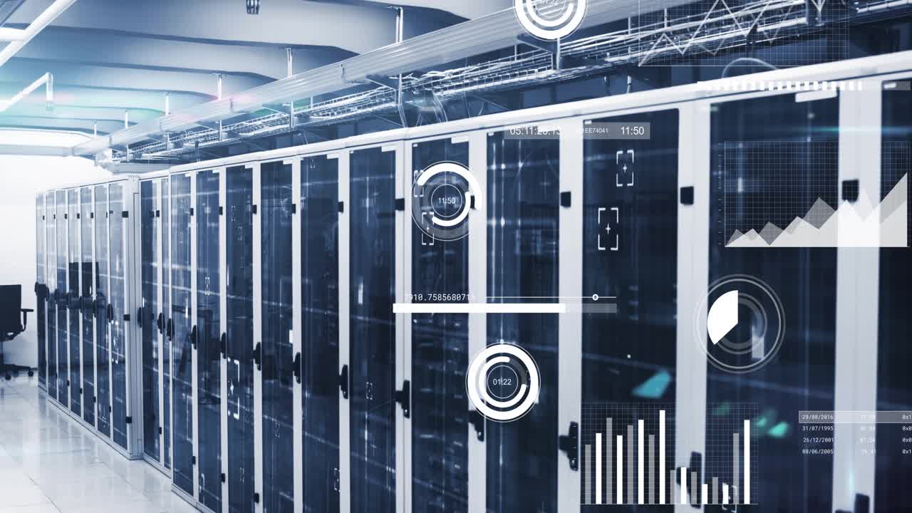 UI overlays fading in across rack doors, filling gauges and rising bars for real-time monitoring