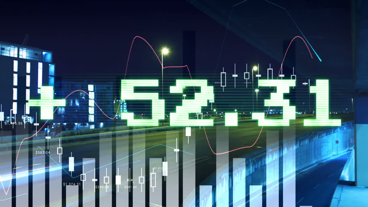 도시 풍경 위의 데이터 처리 애니메이션