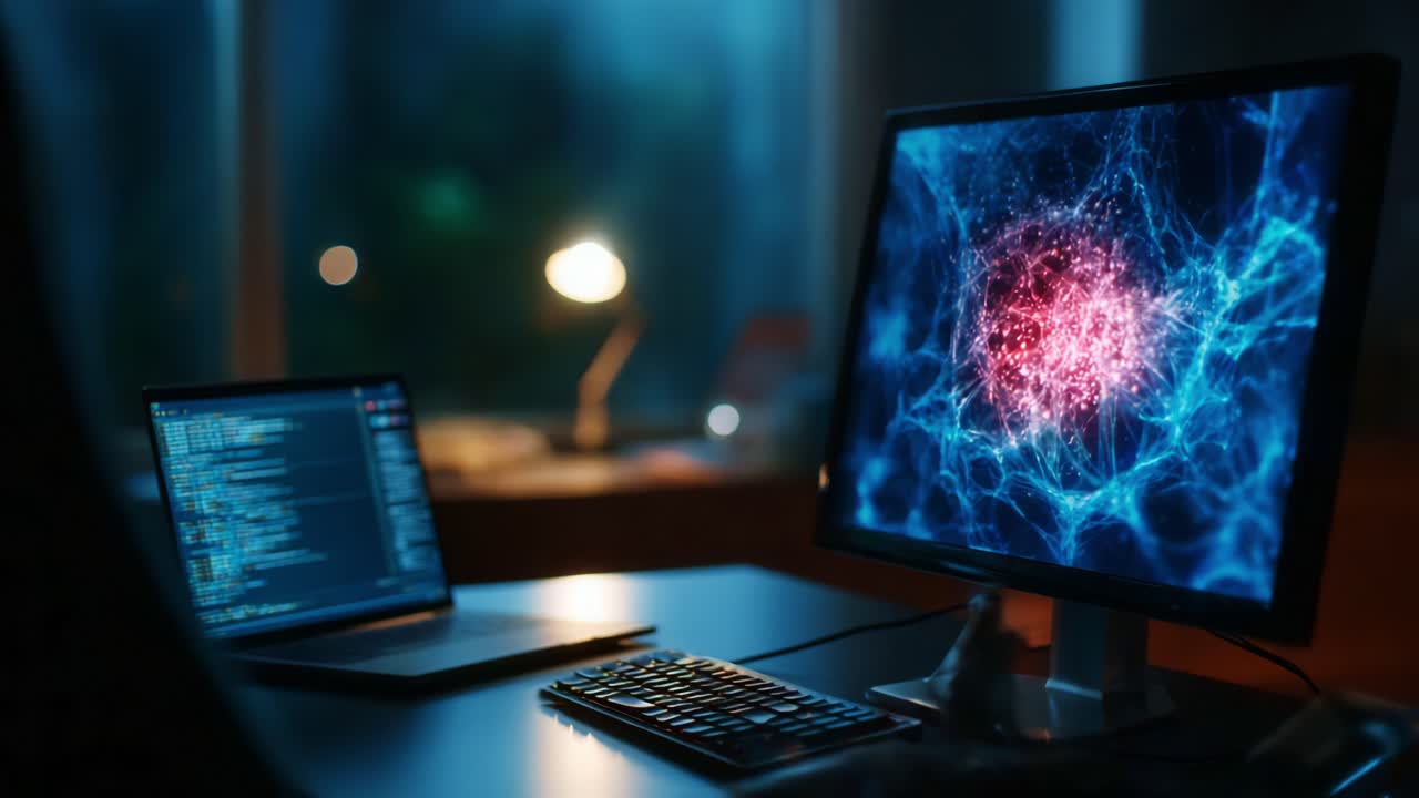An immersive digital workspace showcasing advanced neural network visualizations, highlighting the fusion of technology and creativity in a modern setting at night