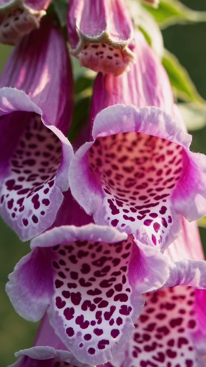 Close-up video of vibrant pink foxglove flowers with spotted interiors, captured from a low angle