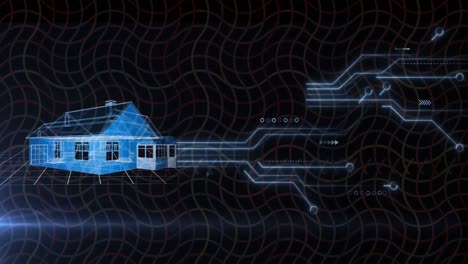 animation of 3d house with circuit board texture over grid pattern against black background