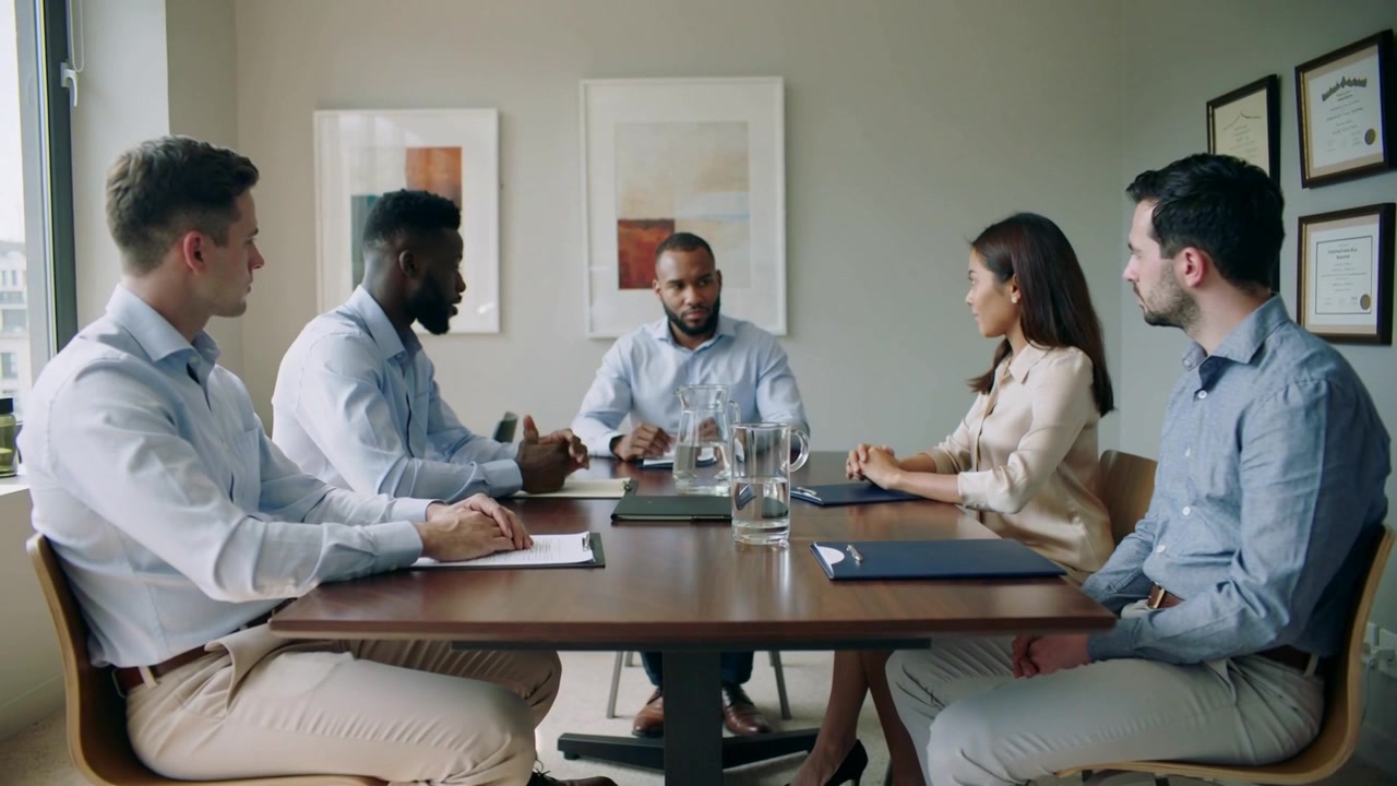 O presidente da reunião colocando as mãos, o grupo se reveza para discutir um bloco de notas para planejamento na mesa de reunião.