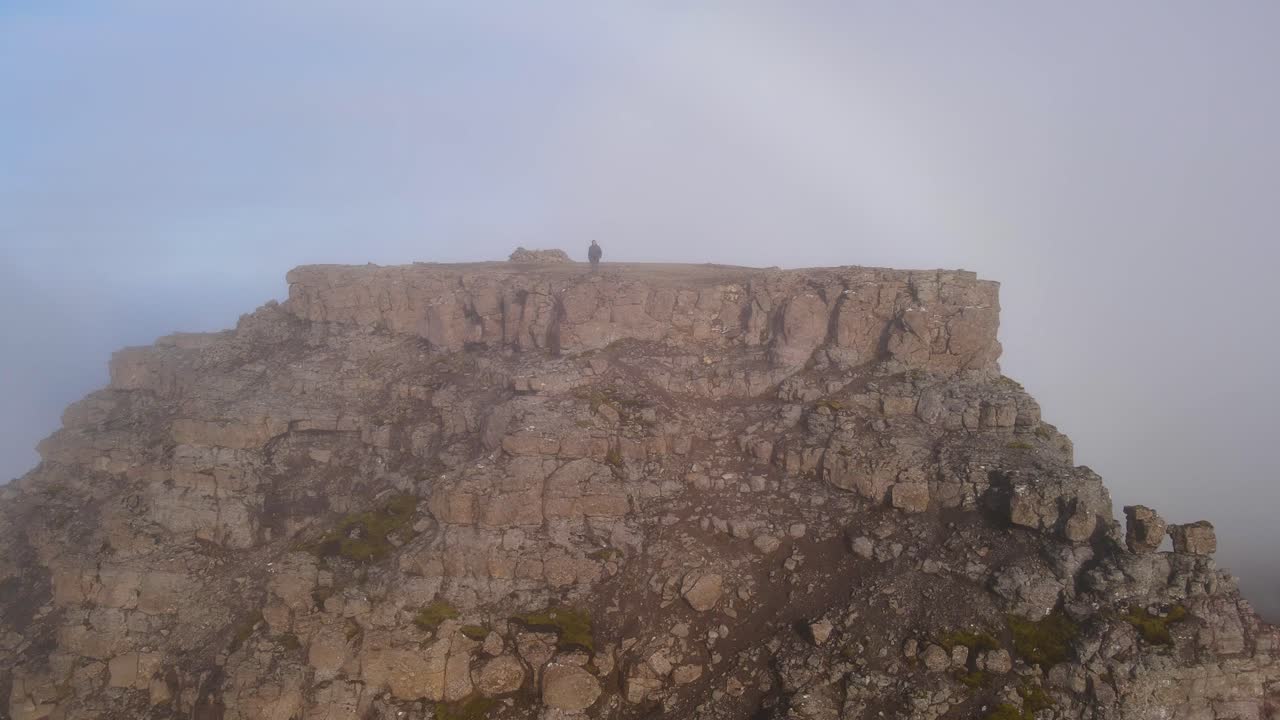 Drone footage of a hiker on the Sl&aelig;ttaratindur summit on the Eysturoy island in the Faroe Islands