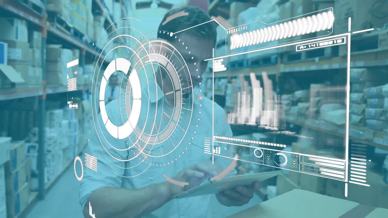 창고에 있는 백인 남성 노동자에 대한 데이터 처리 애니메이션