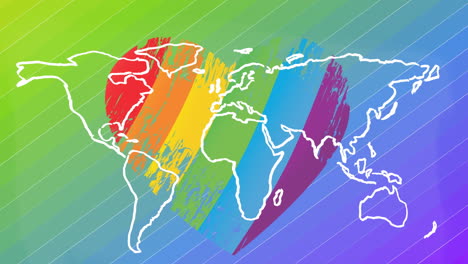 animación del mapa del mundo sobre el arco iris corazón en el fondo del arco iris