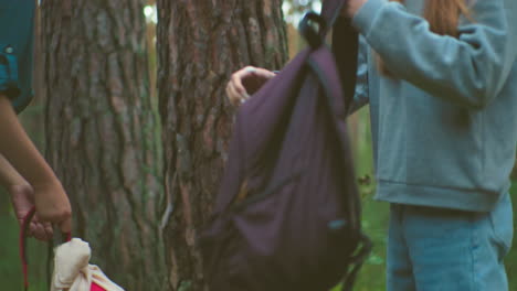 young hikers retrieve their bags from the forest floor, surrounded by tall trees and lush greenery, with careful movements, lifting bags and placing them over their shoulders