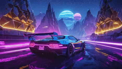 futuristic neon car on a synthwave landscape