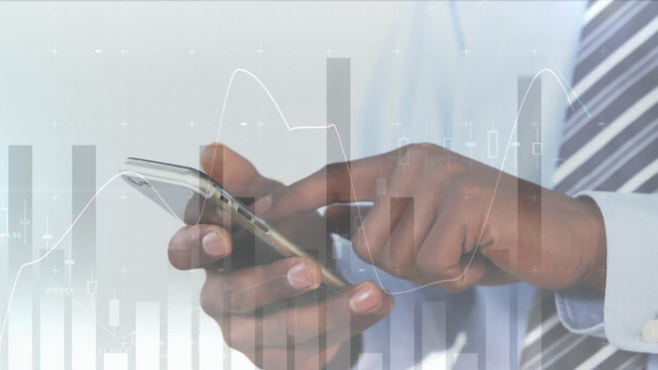 animazione delle statistiche e dell'elaborazione dei dati su uomo utilizzando smartphone