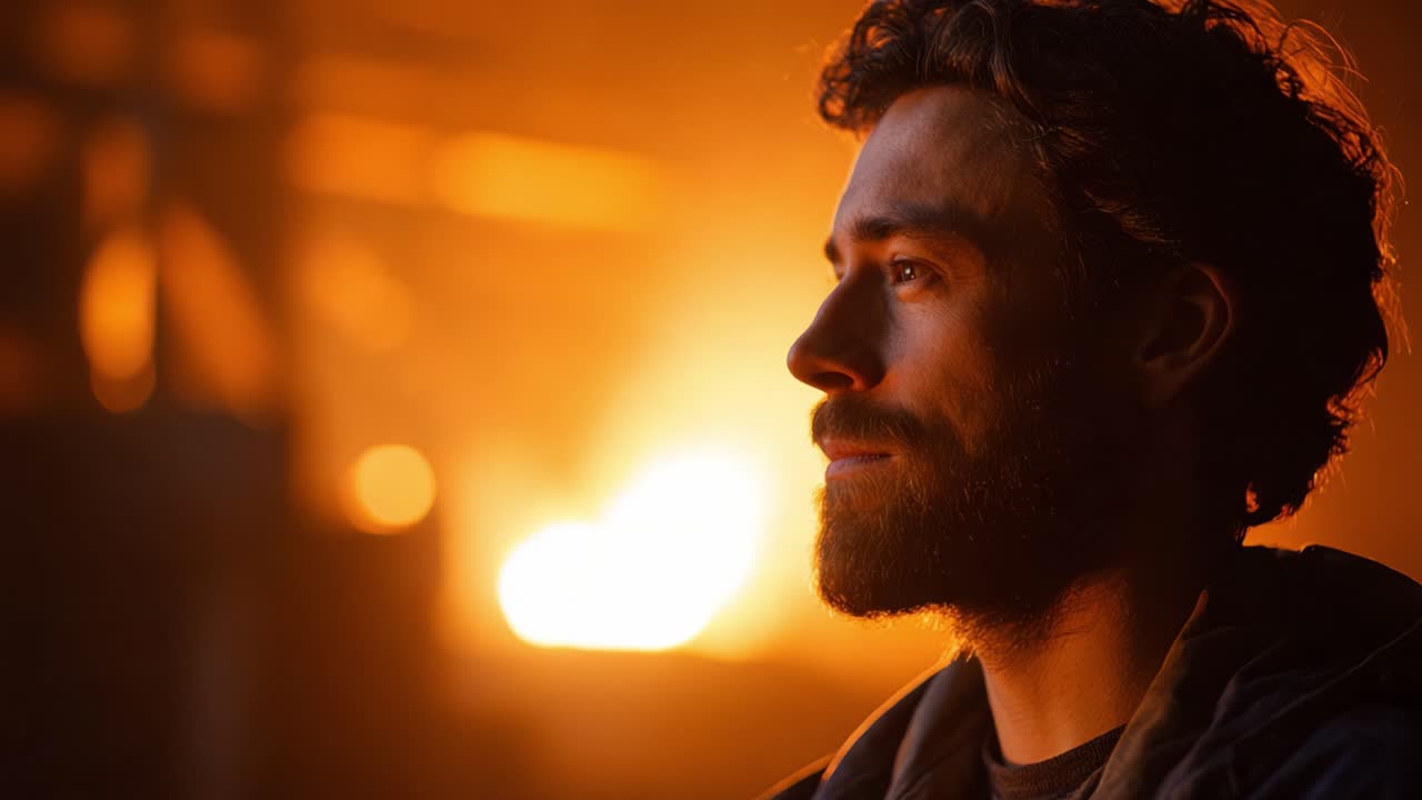 A Thoughtful Man Contemplates Life Against a Warm, Ambient Glow in a Dimly Lit Setting, Capturing a Moment of Reflection and Inner Peace Indoors