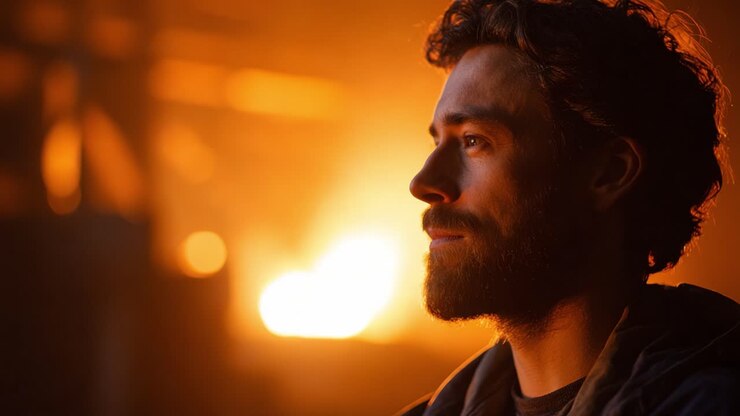 A Thoughtful Man Contemplates Life Against a Warm, Ambient Glow in a Dimly Lit Setting, Capturing a Moment of Reflection and Inner Peace Indoors