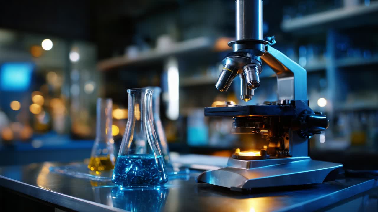 An Intriguing View of a Laboratory Microscope with Glass Beakers in Focus, Capturing the Essence of Scientific Discovery and Experimentation in a Modern Research Environment