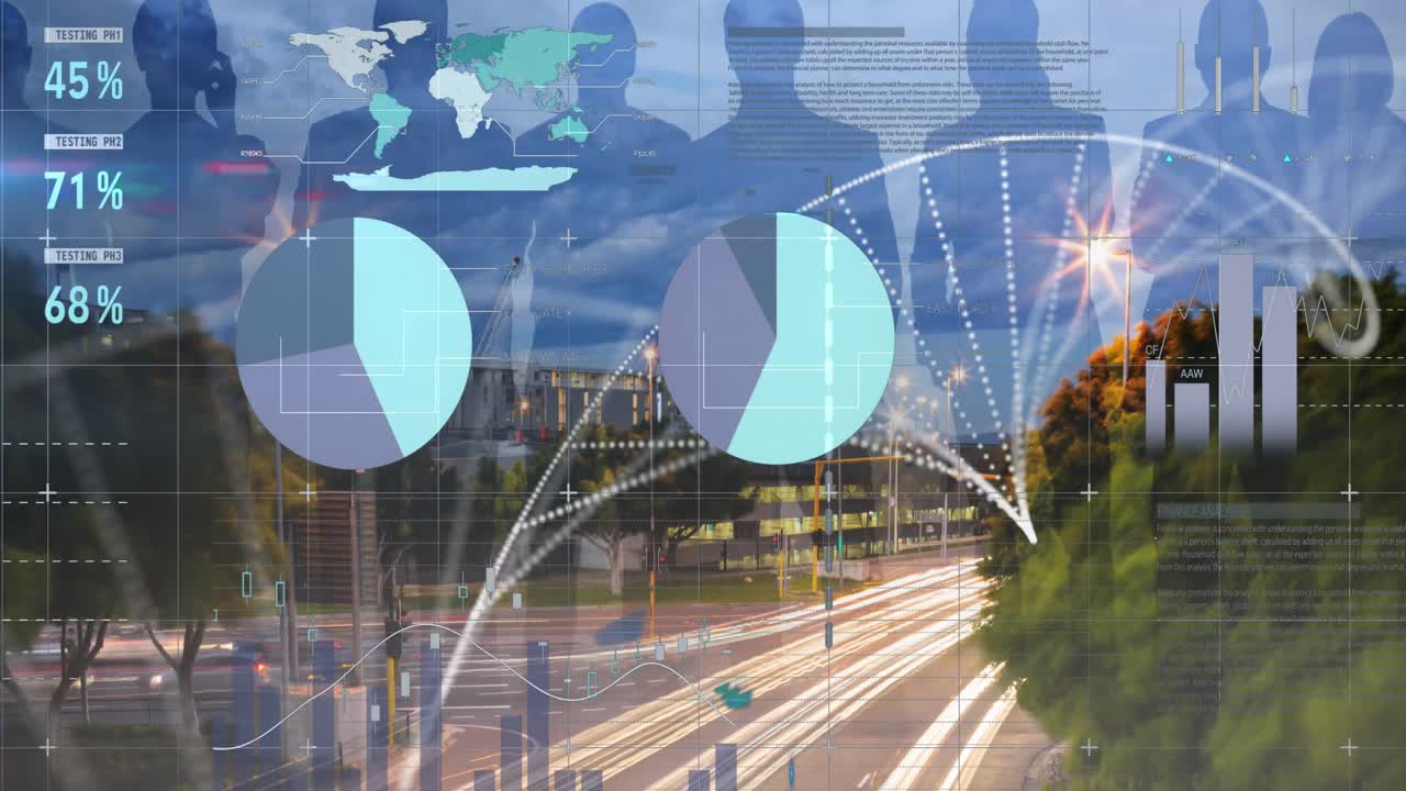 animación del procesamiento de datos y la cadena de adn sobre el paisaje urbano