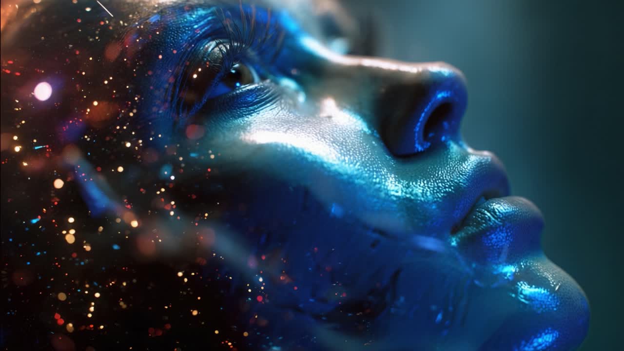 Abstract artistic closeup of a person's face with vibrant blue makeup, looking up as sparkling cosmic glitter particles float around, representing dreams, creation, and spirituality