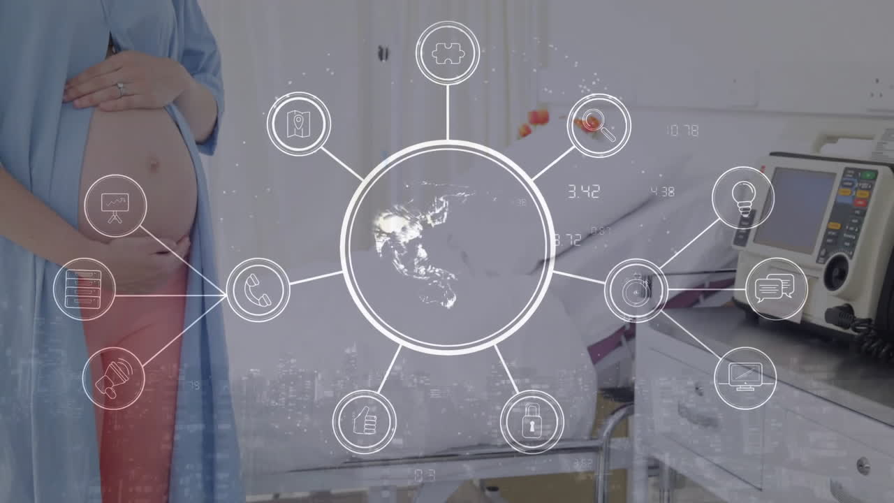 animación de una mujer caucásica embarazada en el hospital y red de conexiones con iconos