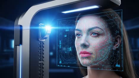 high-tech facial recognition system analyzing features with advanced technology: close-up on a woman's face emitting data visualization patterns