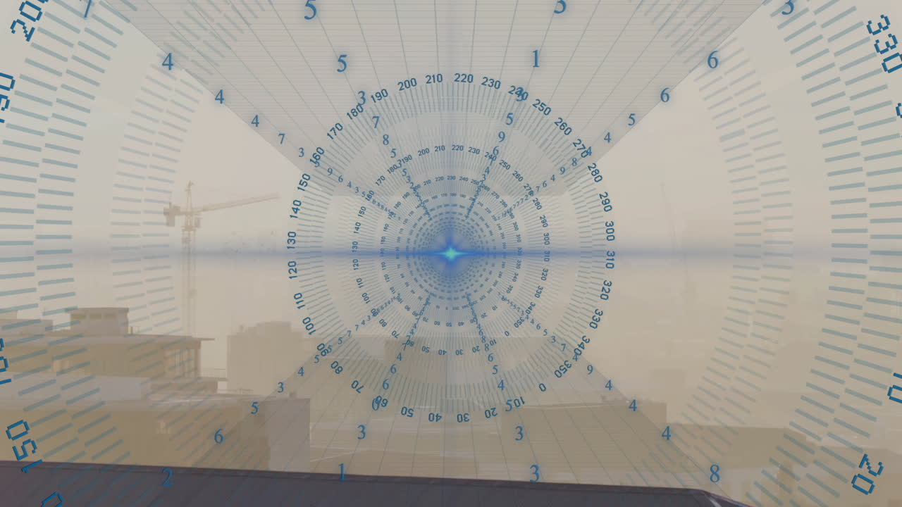 Futuristic data visualization animation over cityscape with cranes and buildings