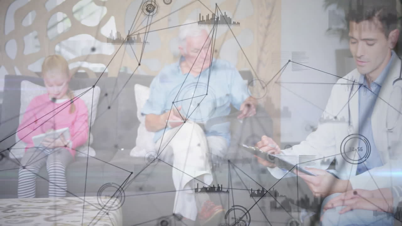 Elderly man and children using tablets with network connections overlay animation