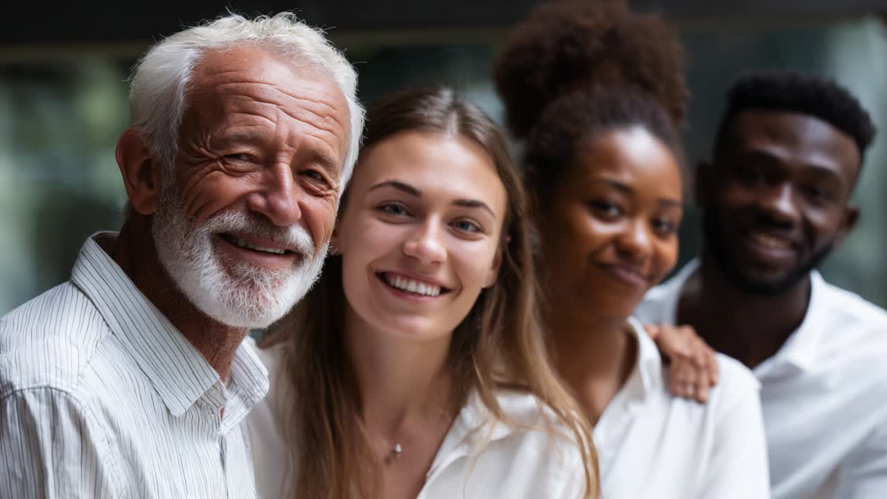 A joyful moment captured in time featuring a diverse group of individuals, including an elderly man with a white beard, a young woman, and two others sharing smiles and camaraderie in a lively setting